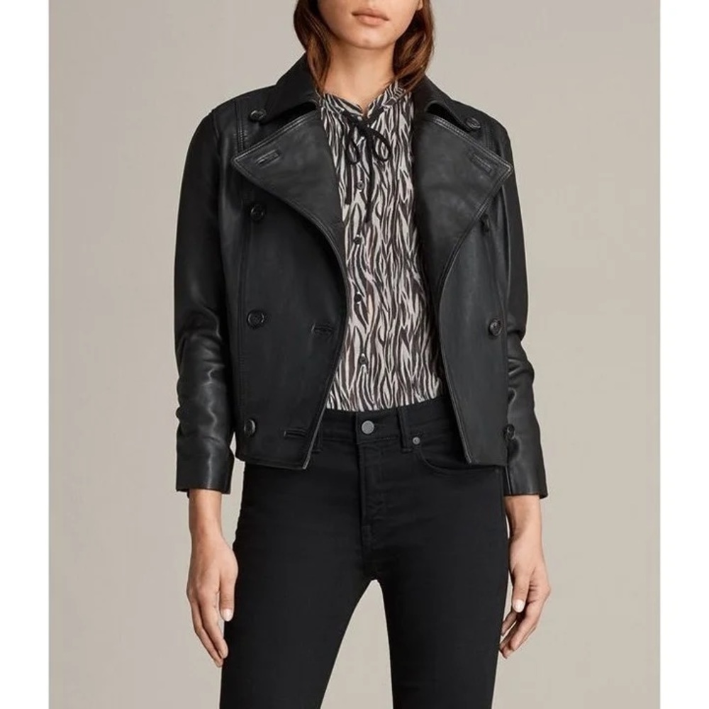 ALLSAINTS Deebee Leather Double Breast Button Front Blazer Jacket Black Size 2